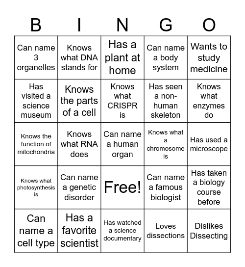 Biology Bingo Card
