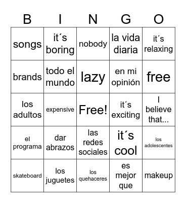 Spanish Teen Life Bingo Card