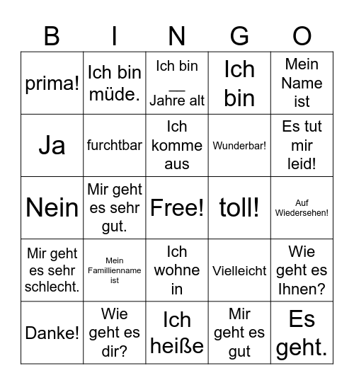 German Greetings, Phrases, & Introductions Bingo Card