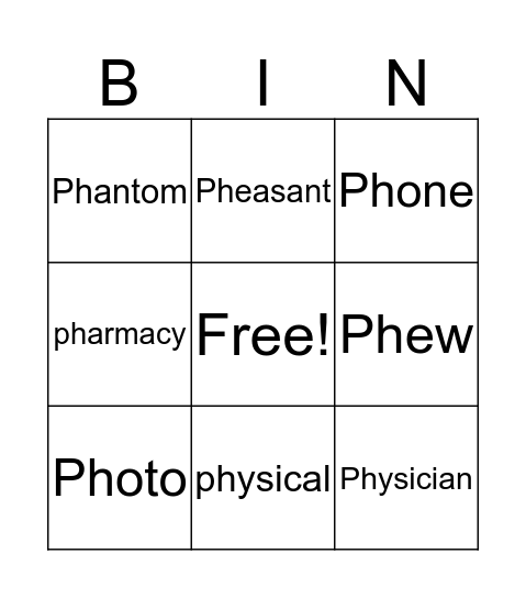 Ph Beginnings Bingo Card