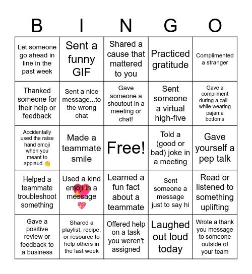 Random Acts of Bingo Card