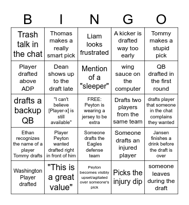 Fantasy Football: Sportz Edition Bingo Card