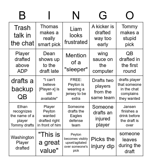 Fantasy Football: Sportz Edition Bingo Card