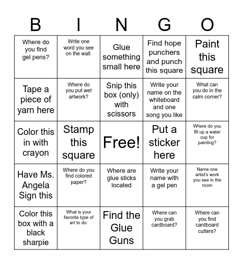 Middle School Art Bingo Card