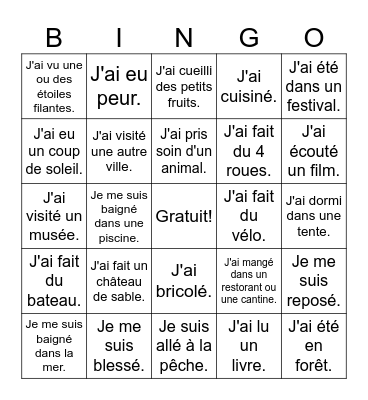 Mon été bien rempli Bingo Card