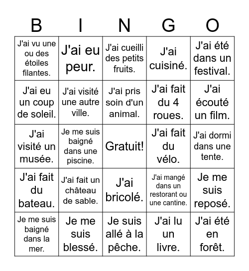 Mon été bien rempli Bingo Card