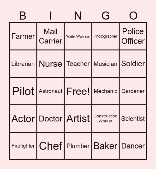Occupations Bingo Card