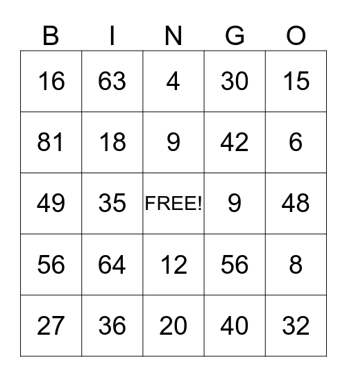 Multiplication Review  Bingo Card