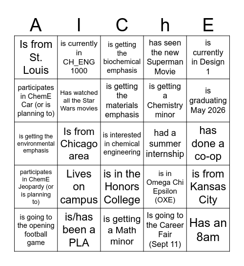 AIChE Bingo Card