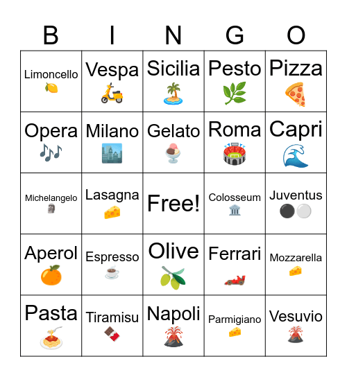 🎭Italian Bingo 🏛️ Bingo Card