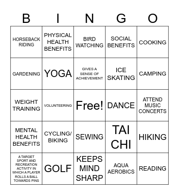 LEISURE Bingo Card