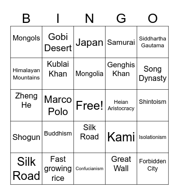 East Asia BINGO Card