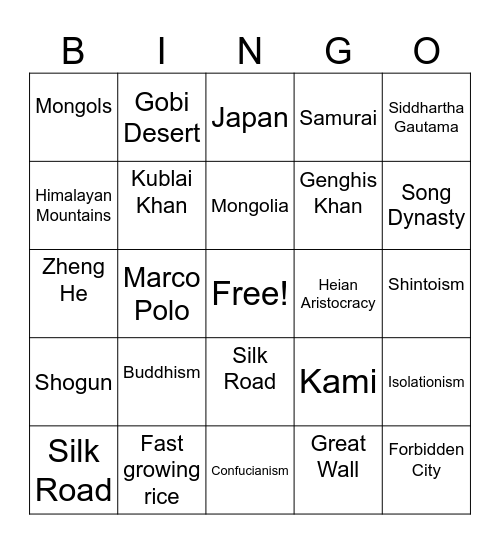 East Asia BINGO Card