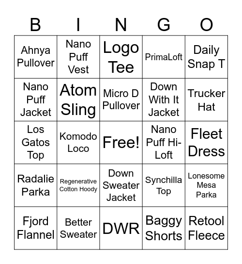 Patagonia Bingo Card