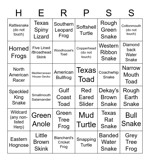 Fall 2025 Herp Bingo Card
