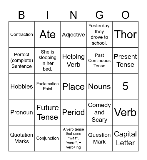 Grammar Bingo Card