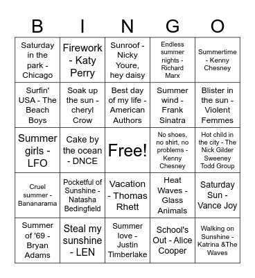 Summer Songs Bingo Card