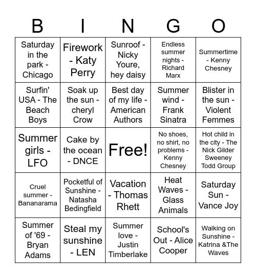 Summer Songs Bingo Card