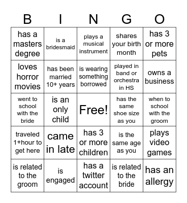 Kristin's bridal shower mixer. Find people who...first one to black out wins! Bingo Card