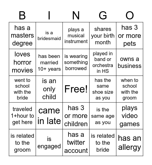 Kristin's bridal shower mixer. Find people who...first one to black out wins! Bingo Card