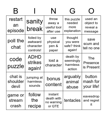Song of Horror Bingo Card