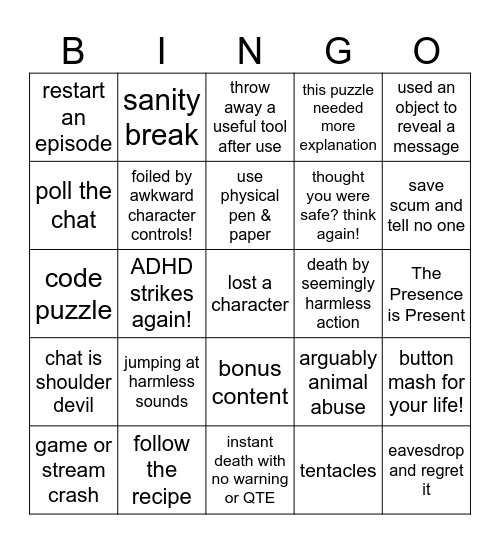Song of Horror Bingo Card