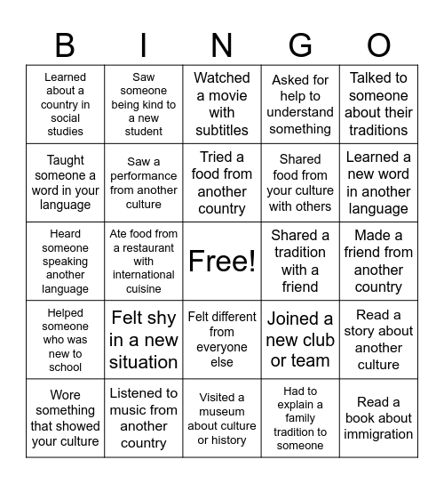 Immigrant Bingo Card