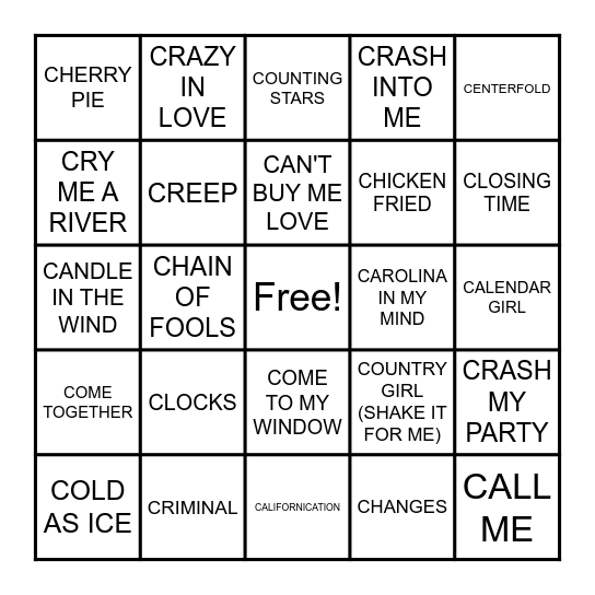 SONGS THAT START WITH "C" Bingo Card