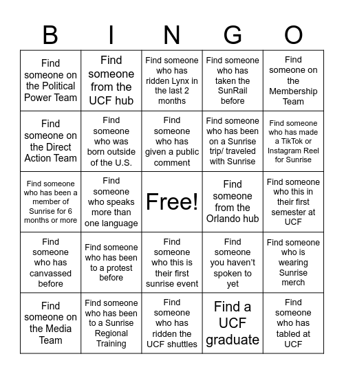 Sunrise BINGO! Bingo Card