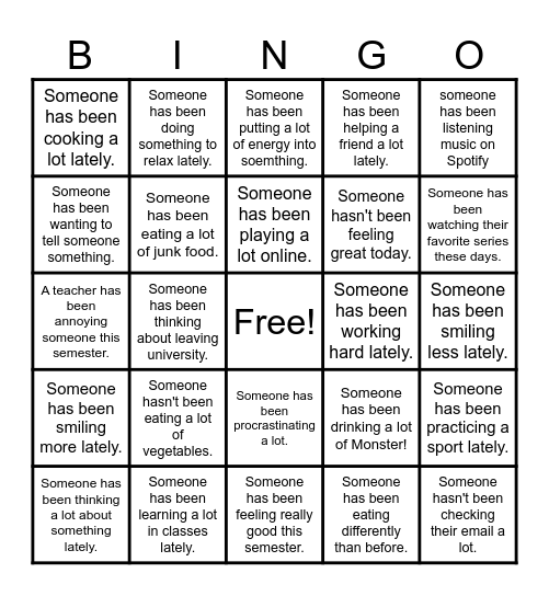 Present Perfect Continuous Bingo Card