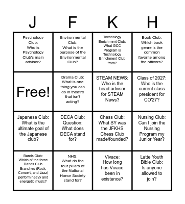JFKHS Club Fair Bingo Card