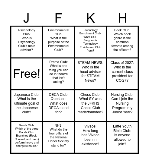 JFKHS Club Fair Bingo Card