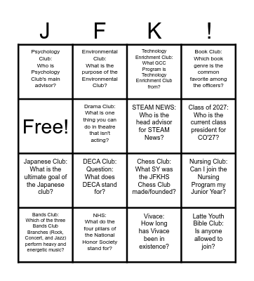 JFKHS Club Fair Bingo Card