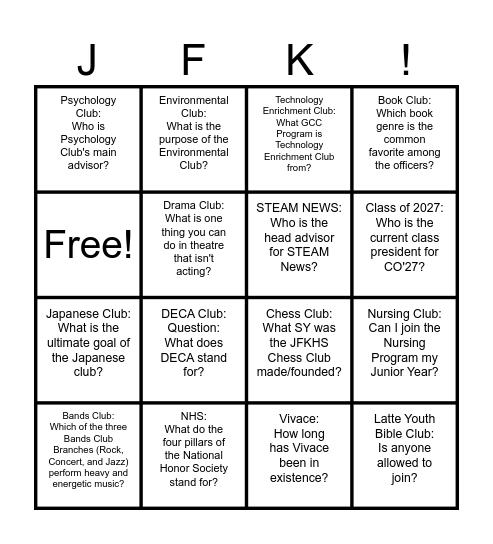 JFKHS Club Fair Bingo Card