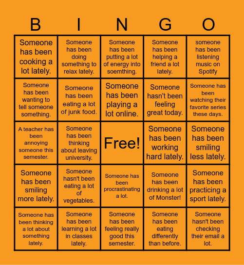 Present Perfect Continuous Bingo Card