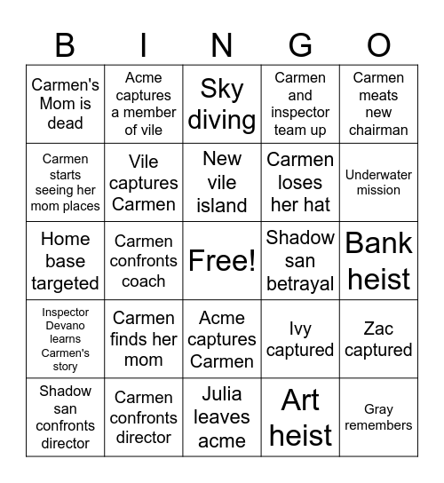 Carmen San Diego season 3 Bingo Card