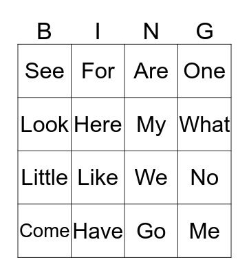Sight Words Bingo Card