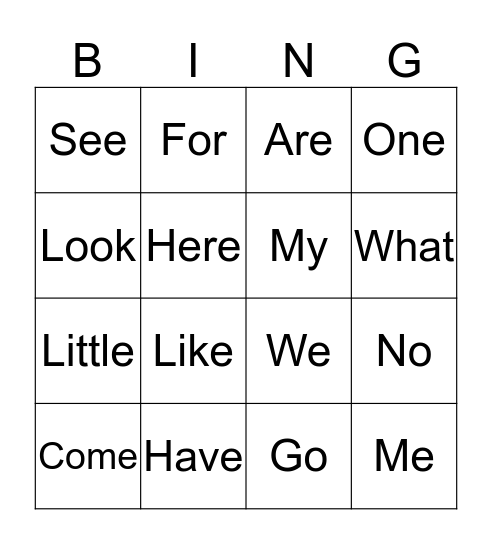Sight Words Bingo Card