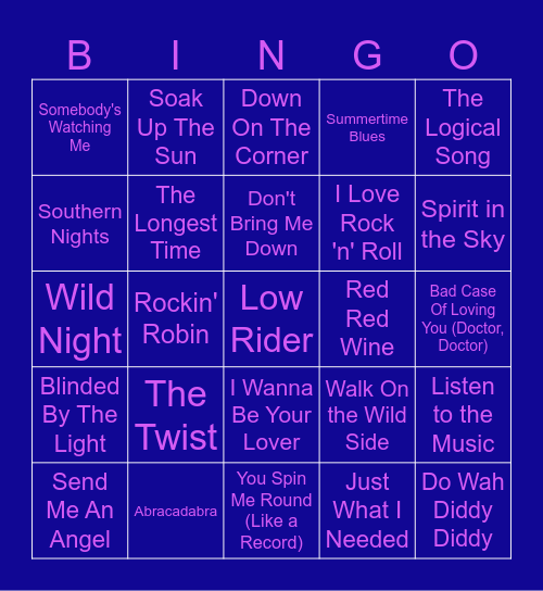 Feel Good Songs Bingo Card