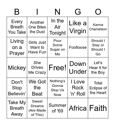 80's music bingo Card
