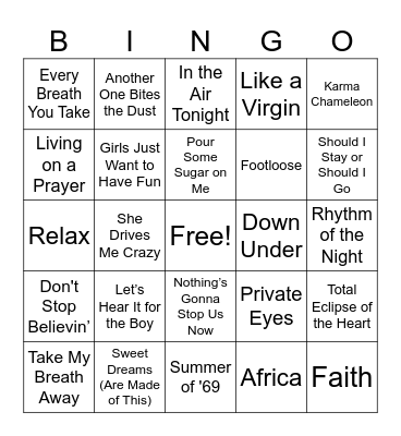 Mark & Joey's music bingo Card