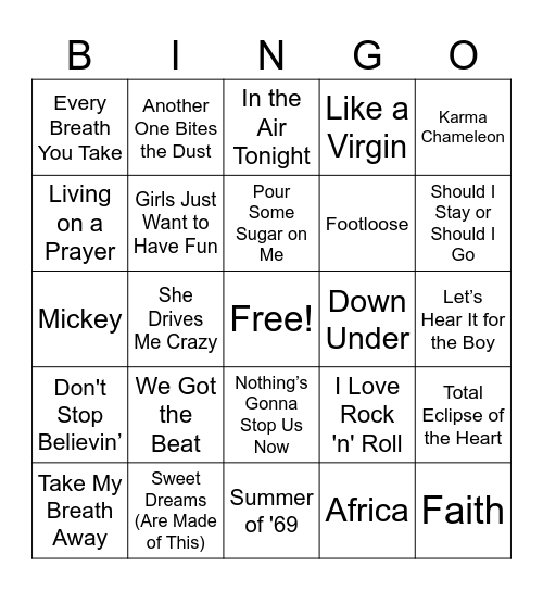 80's music bingo Card