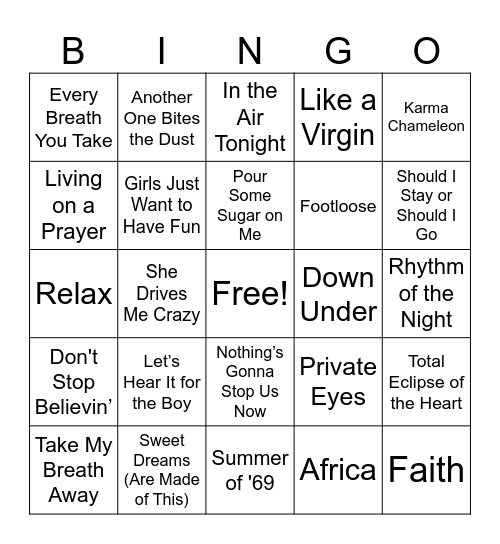 Mark & Joey's music bingo Card