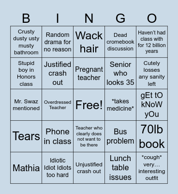 Back To School Bingo Card