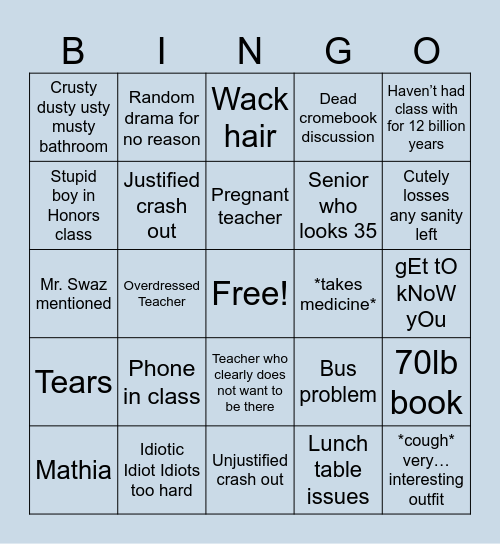 Back To School Bingo Card