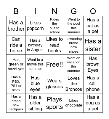 Back to School Bingo Card