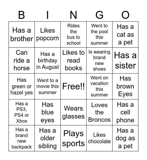 Back to School Bingo Card