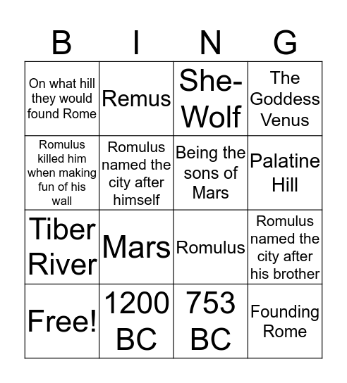 Romulus and Remus  Bingo Card