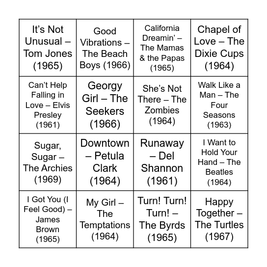 Round 1: 60's Hits Bingo Card