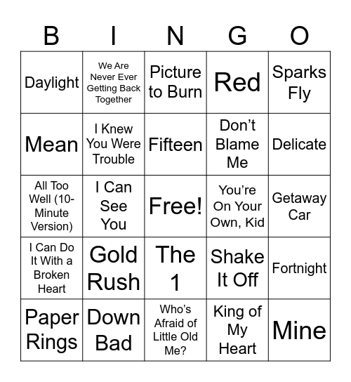 Trouvaille Music Bingo - Taylor Swift 2 Bingo Card